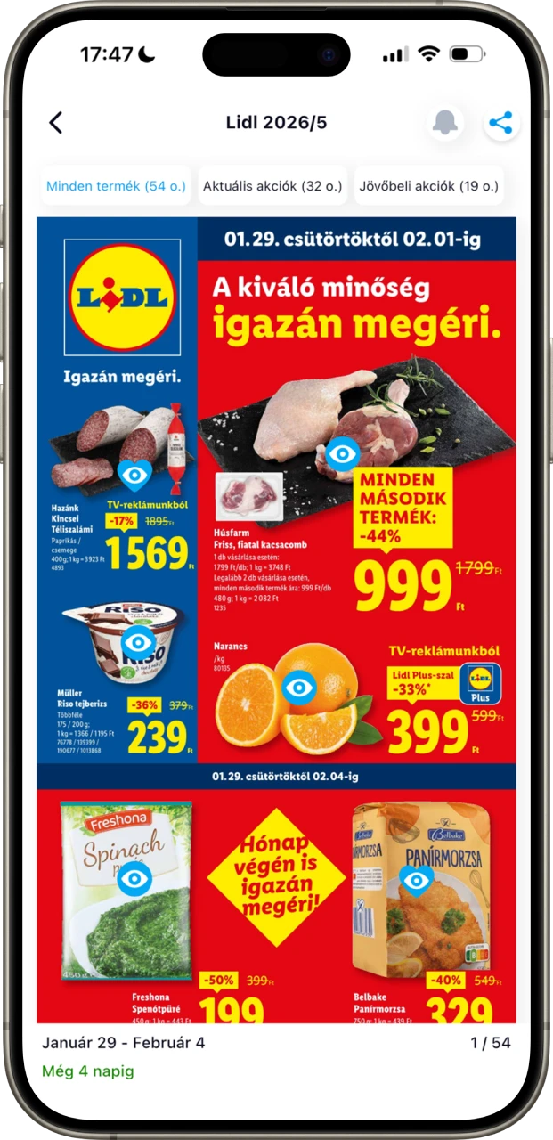 Akcióvadász alkalmazás képernyőképe, amely akciós termékeket mutat különböző áruházakból