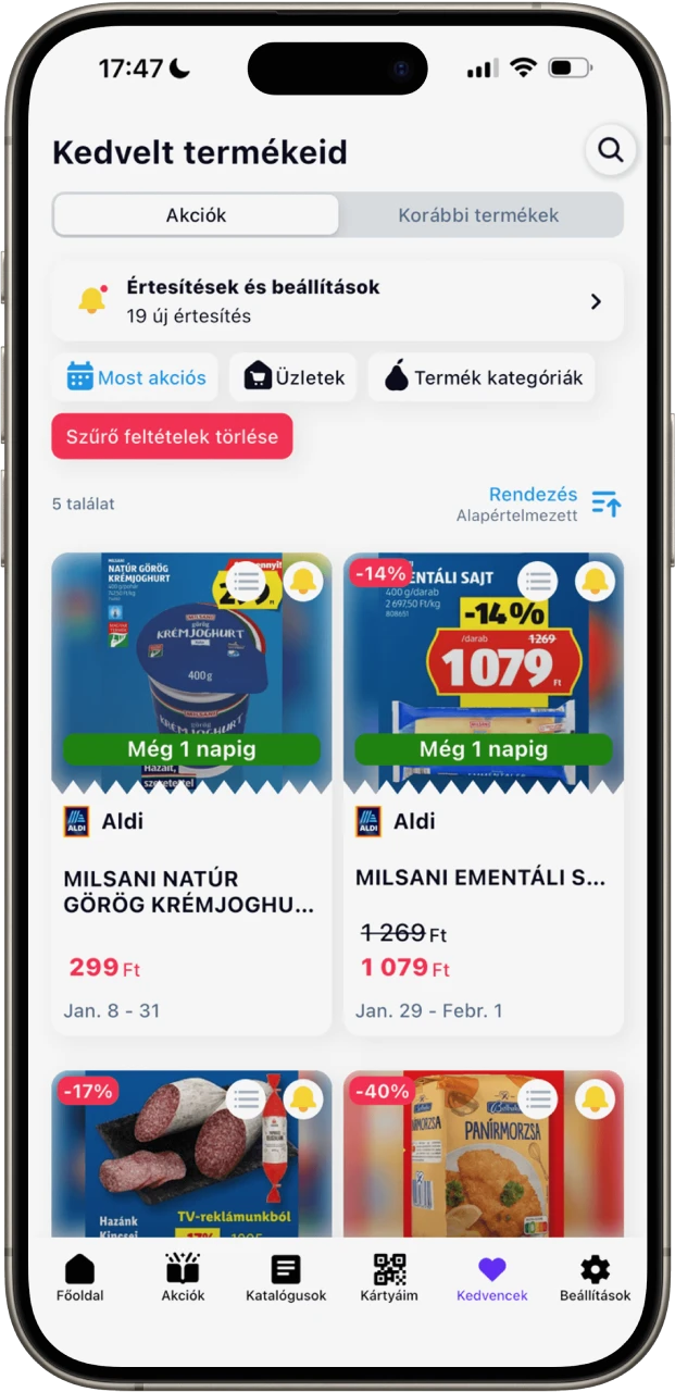 Akcióvadász kedvelt termékek nézet